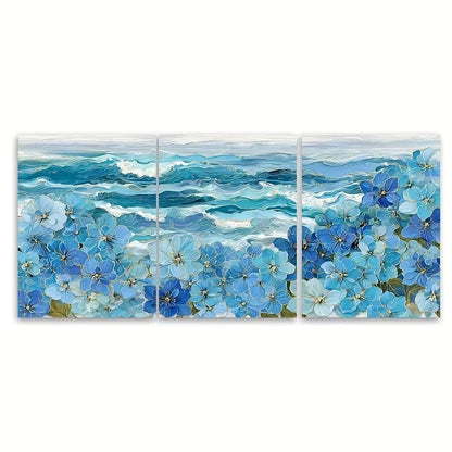 3pcs Blue Flowers And an Ocean Landscape Wall Art Set Canvas Framed 40x60cm - High Quality Print 100% Australian Made Wall Canvas Ready to Hang - Bella Home Decor