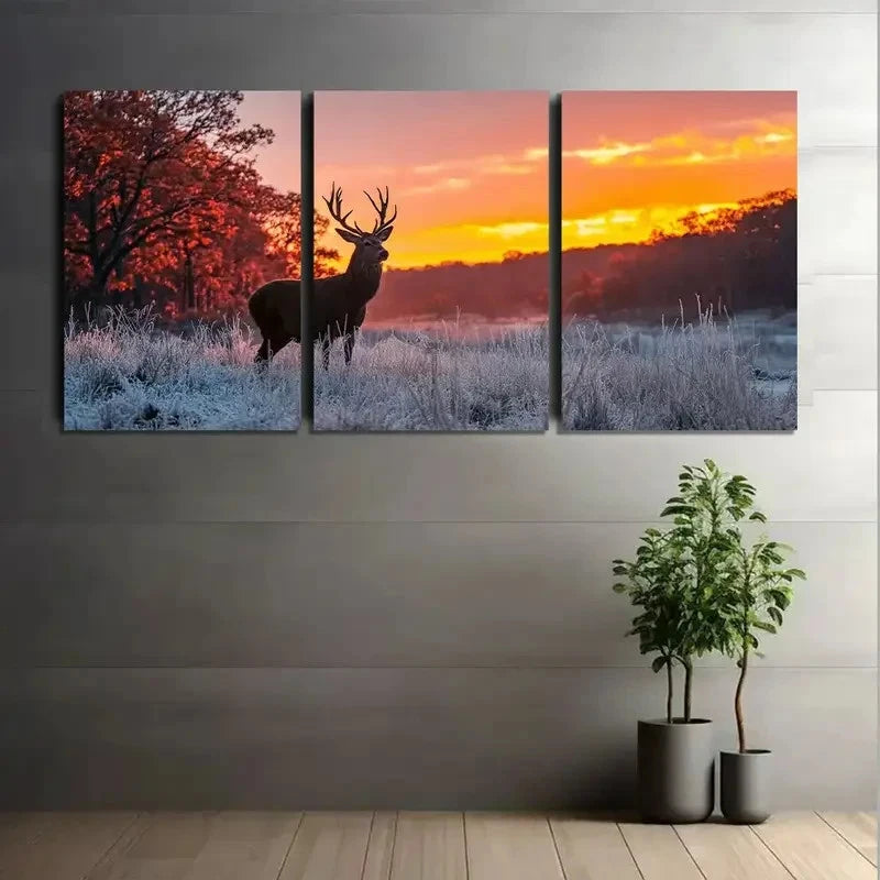 3pcs Deer with Antlers in Forest Light Painting Metal Print Ready to Hang Art - Bella Home Decor