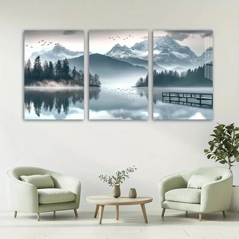 3pcs Snowy Mountains Jungle & Lake Scene Metal Print Ready to Hang Art - Bella Home Decor