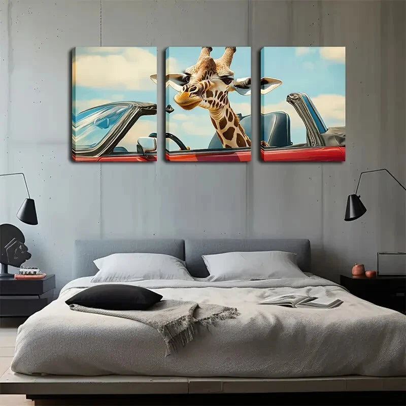 3pcs Whimsical Giraffe Red Convertible Perfect Wall Art Set Canvas Framed 40x60cm - High Quality Print 100% Australian Made Wall Canvas Ready to Hang - Bella Home Decor
