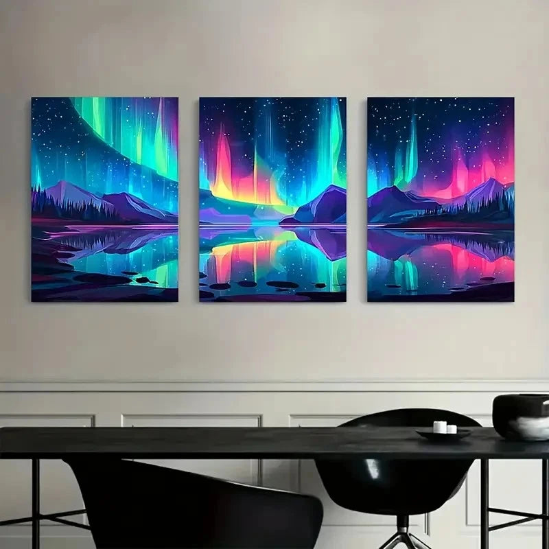 3pcs Colorful Northern Lights Landscape Metal Print Ready to Hang Art - Bella Home Decor