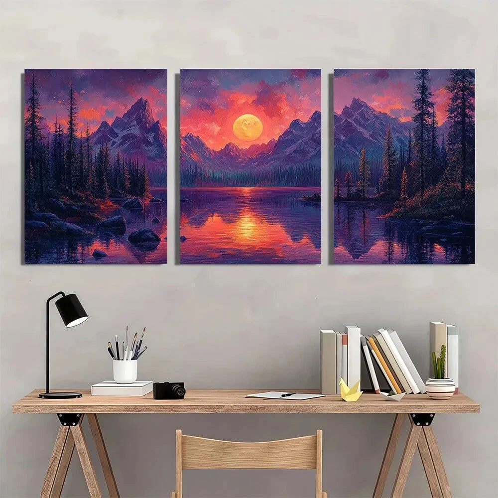 3pcs Surrealist Mountain Vibrant Purple Metal Print Ready to Hang Art - Bella Home Decor