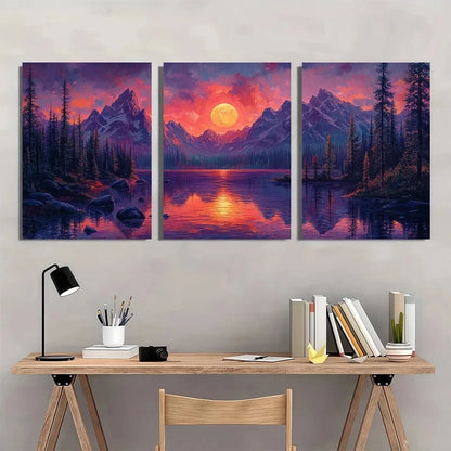 3pcs Surrealist Mountain Vibrant Purple Metal Print Ready to Hang Art - Bella Home Decor