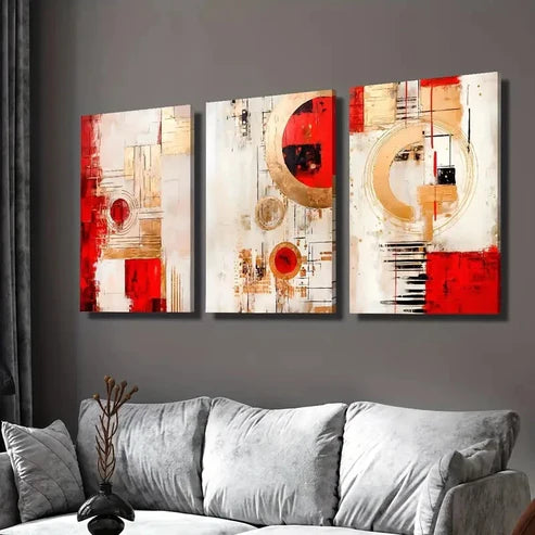 3pcs Red Abstract Geometry, Modern Wall Art Set Canvas Unframed - High Quality Print 100% Australian Made Wall Canvas