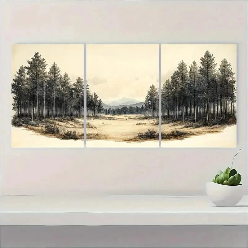 3pcs Vintage Sketch Fall Forest Landscape Metal Print Ready to Hang Art - Bella Home Decor