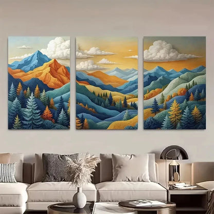 3pcs Golden Blue & Orange Rolling Hills Forests Metal Print Ready to Hang Art - Bella Home Decor
