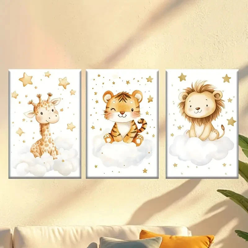 3pcs Cute Cartoon Lion, Giraffe and Tiger Wall Art Set Canvas Framed 40x60cm - High Quality Print 100% Australian Made Wall Canvas Ready to Hang - Bella Home Decor