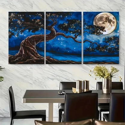 3pcs Mystical Moonlit Forest Scene with Pine Trees Metal Print Ready to Hang Art