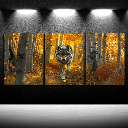 3pcs Vibrant Lonely Wolf in Autumn Forest Metal Print Ready to Hang Art - Bella Home Decor