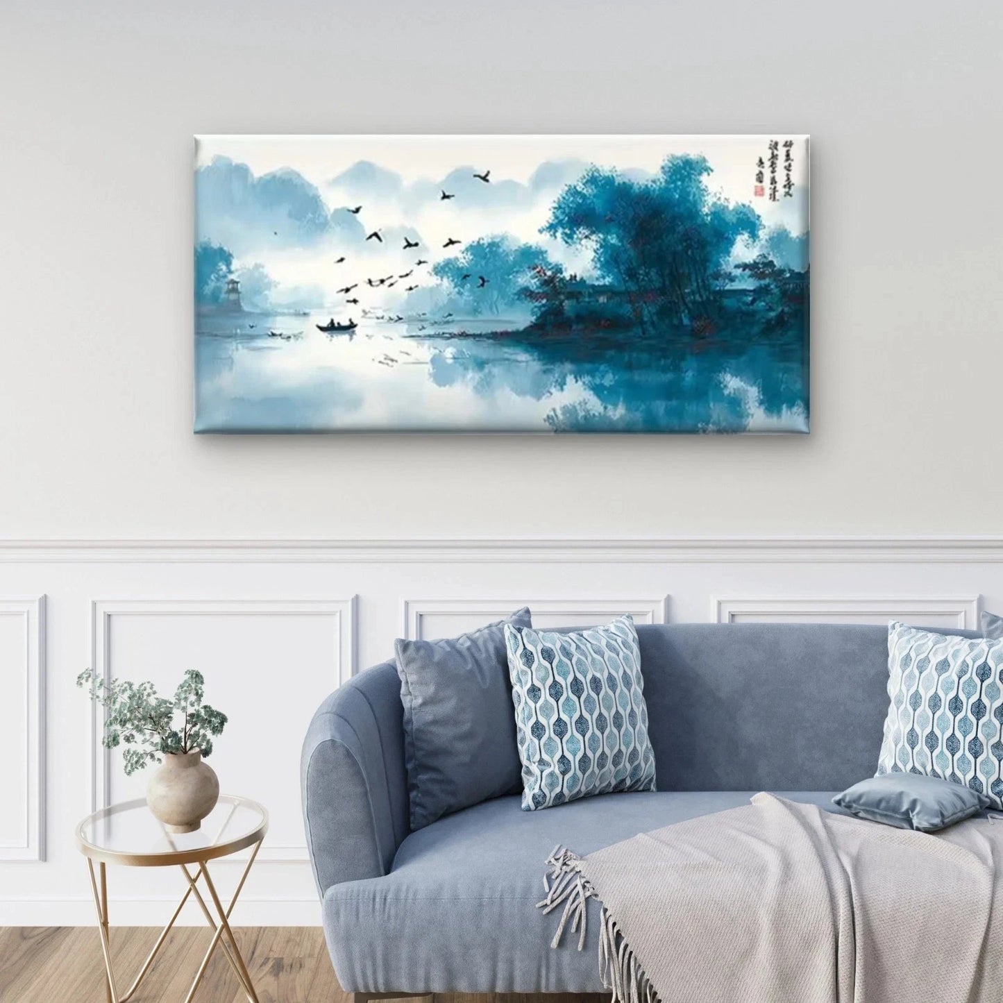 Landscape with Rowboat & Birds Wall Art Canvas Office Home Room Framed 120x60cm