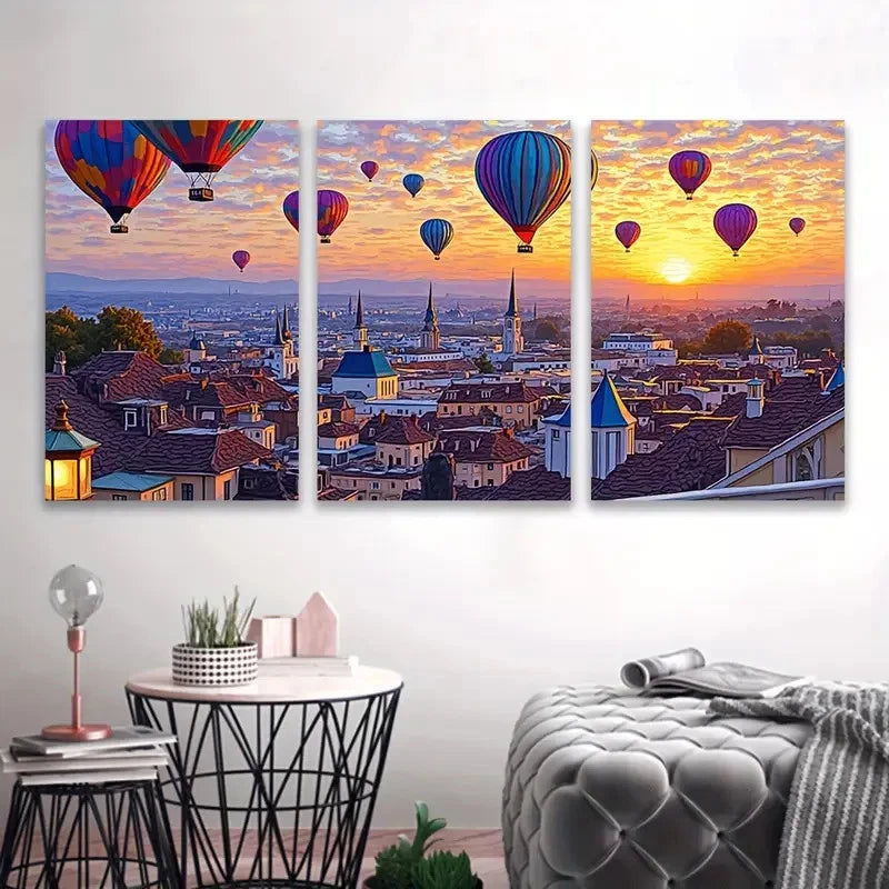 3pcs Hot Air Balloon Flight Wall Art Set Canvas Framed 50x70cm - High Quality Print 100% Australian Made Wall Canvas Ready to Hang