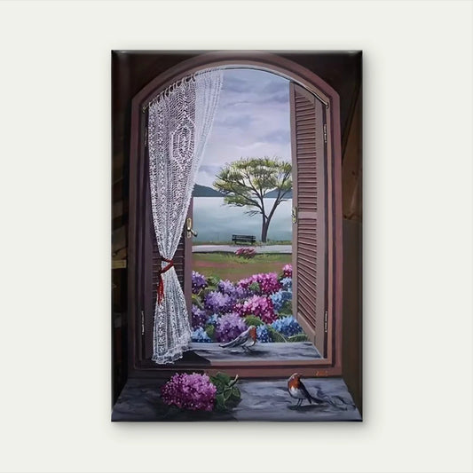 Floral & Bird Window Scenery Oil Painting 60x90cm Metal Print Ready to Hang