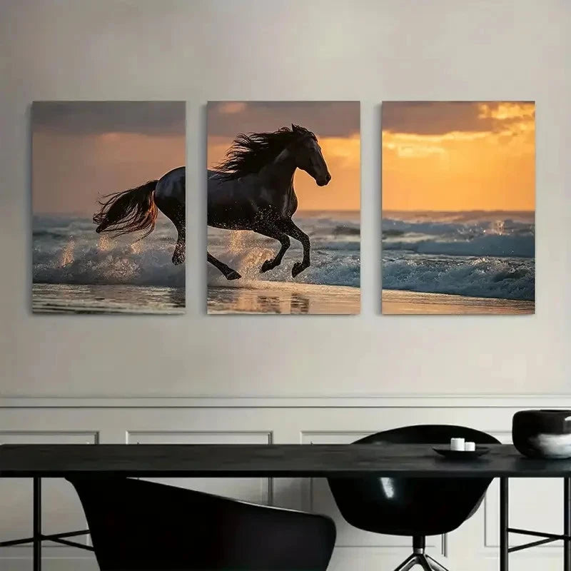 3pcs Black Horse Galloping on the Beach Metal Print Ready to Hang Art - Bella Home Decor