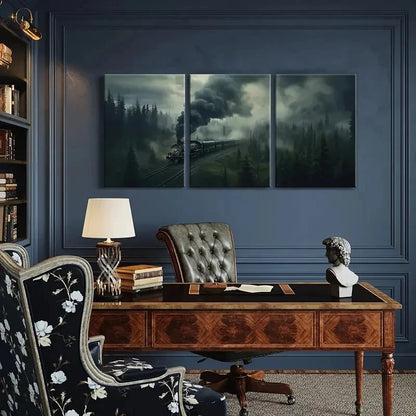 3pcs Misty Forest Steam Train Dark Sky Metal Print Ready to Hang Art - Bella Home Decor