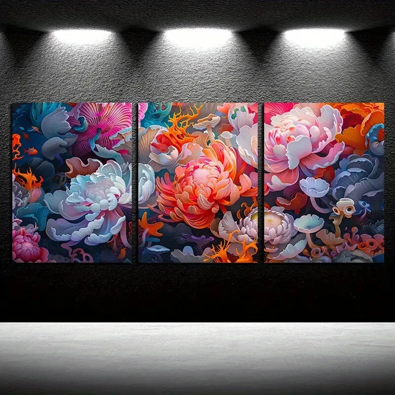 3pcs Vibrant Modern Abstract Flower Illustration Metal Print Ready to Hang Art