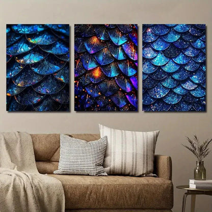 3pcs Blue Glitter Scales Décor Modern Perfect Wall Art Set Canvas Framed 40x60cm - High Quality Print 100% Australian Made Wall Canvas Ready to Hang - Bella Home Decor