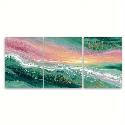 3pcs Sunrise Abstract Painting Green Ocean Abstrac Metal Print Ready to Hang Art