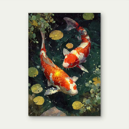 Vibrant Japanese Koi Fishes in Green Water Metal Print Ready to Hang