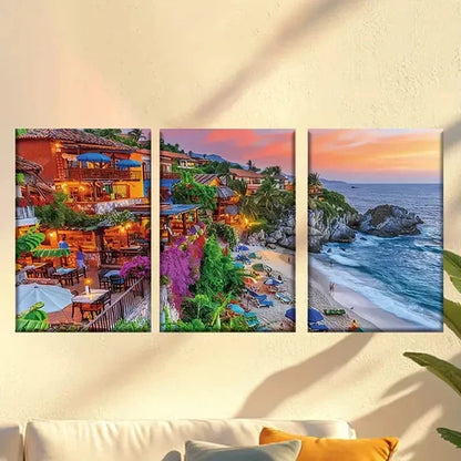 3pcs Sunset Beach Scene with Tropical Bar & Ocean Wall Art Canvas Unframed – High Quality Print 100% Australian Made Wall Canvas