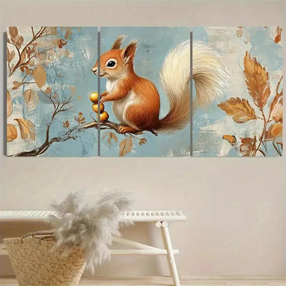 3pcs Charming Squirrel with Golden Acorns Wall Art Set Canvas Framed 40x60cm - High Quality Print 100% Australian Made Wall Canvas Ready to Hang - Bella Home Decor