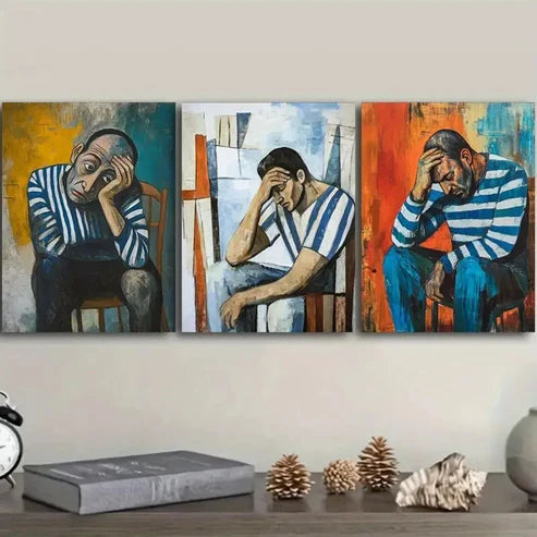 3pcs Striped Shirt Man Painting Sad Darkness Wall Art Set Canvas Unframed - High Quality Print 100% Australian Made Wall Canvas