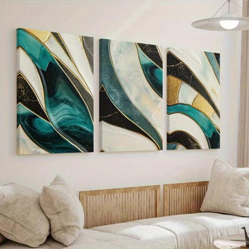 3pcs Abstract Golden & Green Geometric Wall Art Set Canvas Framed 50x70cm - High Quality Print 100% Australian Made Wall Canvas Ready to Hang - Bella Home Decor