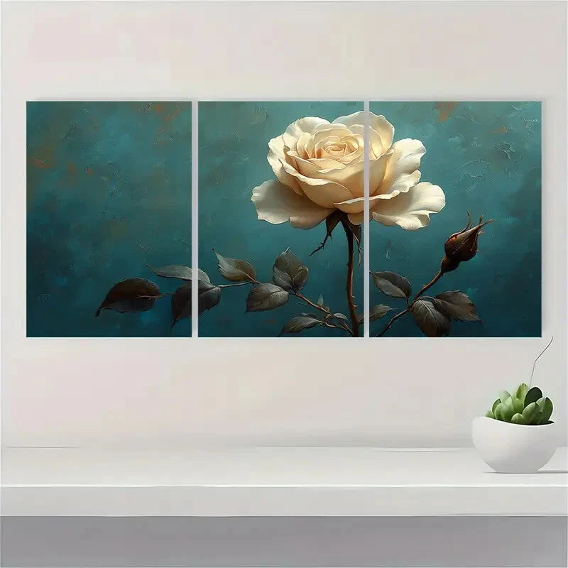 3pcs White Rose Flower Art Rose Painting Print Metal Print Ready to Hang Art - Bella Home Decor