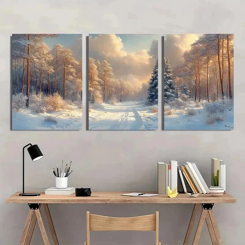 3pcs Vintage Winter Forest Painting Wall Art Set Canvas Framed 60x90cm - High Quality Print 100% Australian Made Wall Canvas Ready to Hang - Bella Home Decor