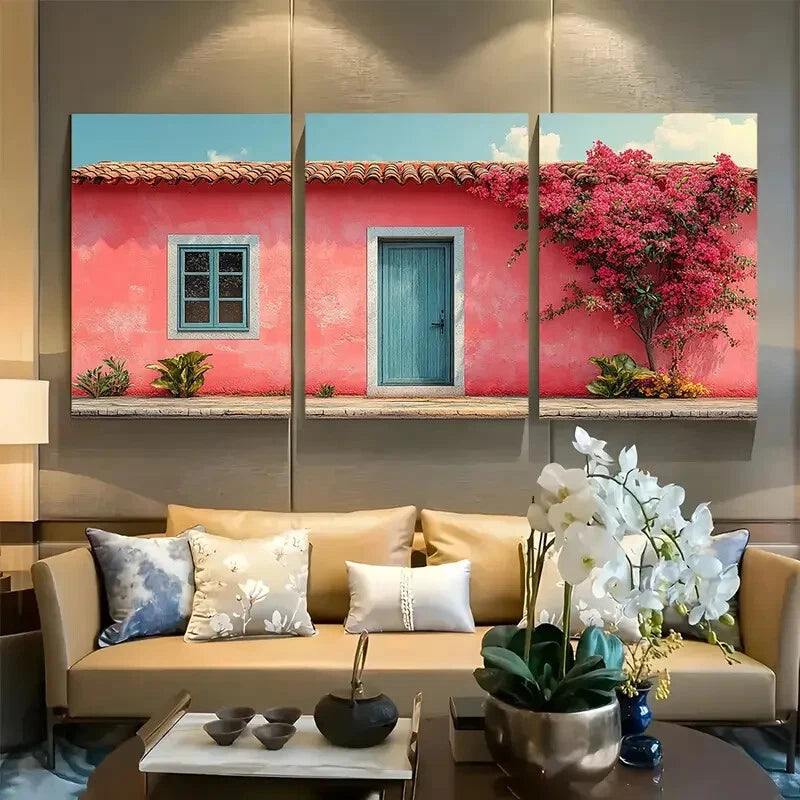 3pcs Botanical Pink Aesthetic House Design Metal Print Ready to Hang Art