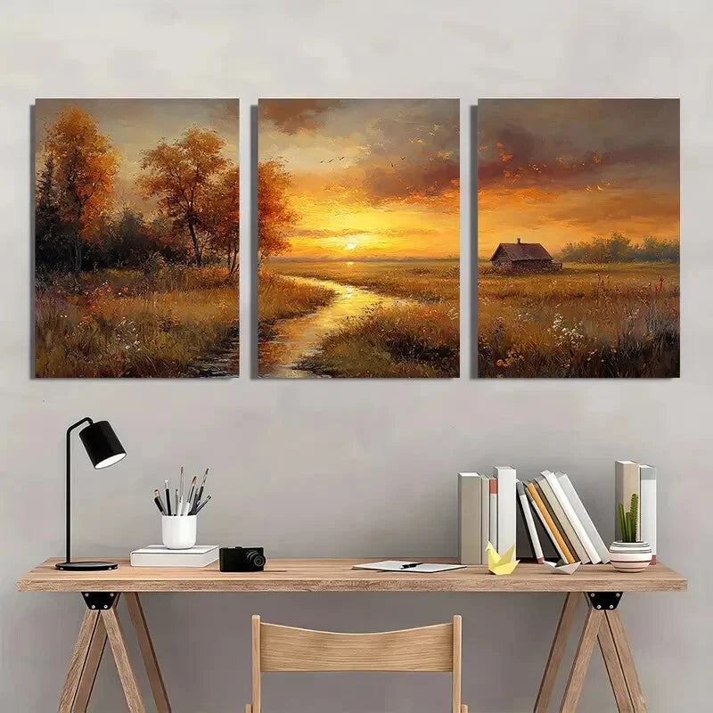 3pcs Classic Golden Yellow & Warm Earthy Tones Metal Print Ready to Hang Art - Bella Home Decor