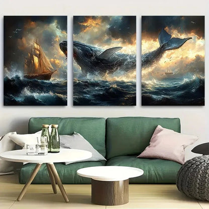 3pcs Majestic Whale and Sailboat Ocean Adventure Metal Print Ready to Hang Art - Bella Home Decor