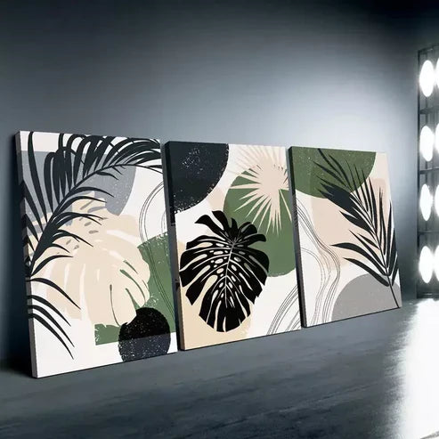 3pcs Bohemian Abstract Monstera Leaf Wall Art Canvas Unframed - High Quality Print 100% Australian Made Wall Canvas - Bella Home Decor