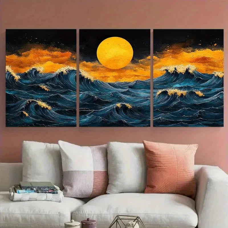 3pcs Japanese Wave Pattern in Yellow Navy Teal Wall Art Set Canvas Framed 40x60cm - High Quality Print 100% Australian Made Wall Canvas Ready to Hang