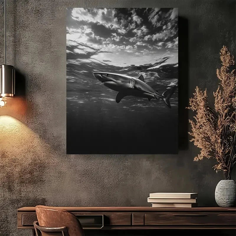 Beautiful Shark Silhouette Underwater Painting 40x60cm Metal Print Ready to Hang - Bella Home Decor