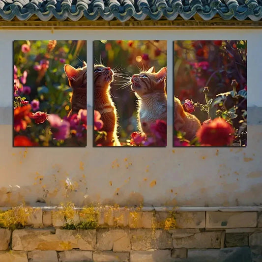 3pcs Whimsical Garden Cats Playful Feline Floral Metal Print Ready to Hang Art