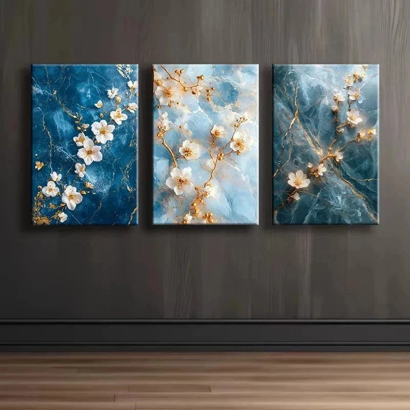 3pcs Blue, White & Golden Flowers Metal Print Ready to Hang Art - Bella Home Decor