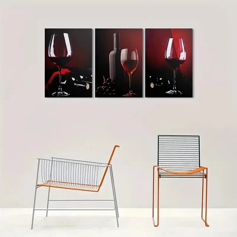 3pcs Dark Wine Glasses Bottles & Grapes Metal Print Ready to Hang Art - Bella Home Decor