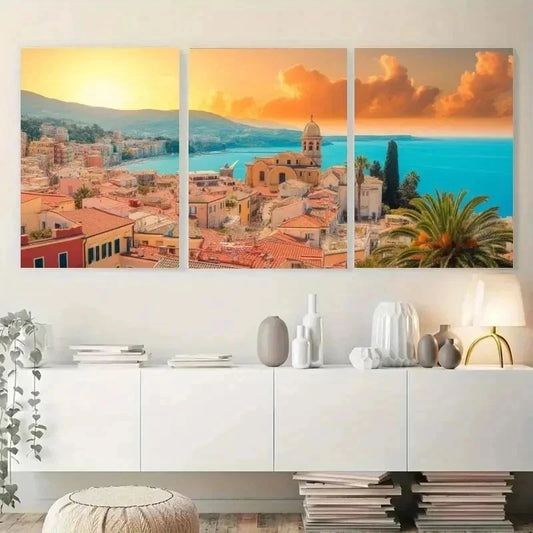 3pcs Mediterranean Coastal Cityscape Wall Art Set Canvas Framed 60x90cm - High Quality Print 100% Australian Made Wall Canvas Ready to Hang