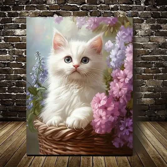 Cute Ragdoll Kitten with Vibrant Flowers Painting 40x60cm Metal Print Ready to Hang - Bella Home Decor