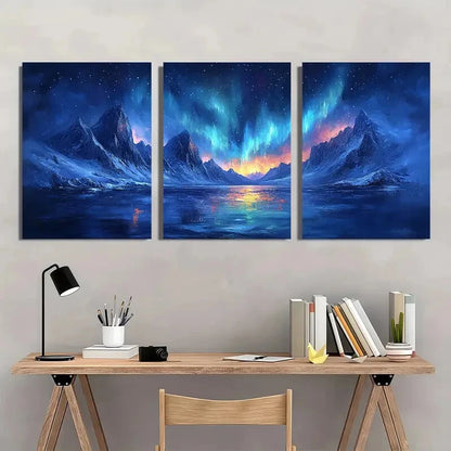 3pcs Aurora Borealis Snowy Mountains & Starry Sky Metal Print Ready to Hang Art - Bella Home Decor