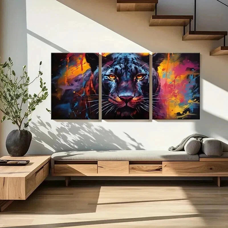 3pcs Black Panther Leopard Retro Watercolor Wall Art Set Canvas Framed 60x90cm - High Quality Print 100% Australian Made Wall Canvas Ready to Hang - Bella Home Decor