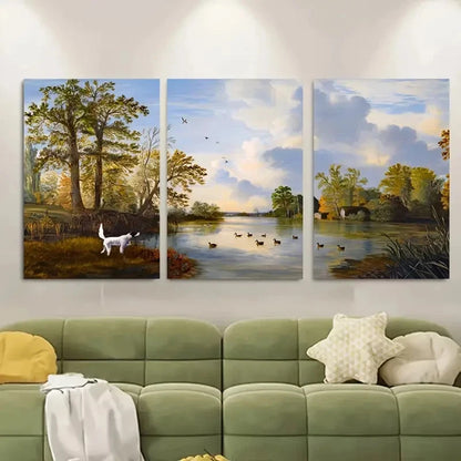 3pcs Hunting Dog & Duck Pond Scene Metal Print Ready to Hang Art