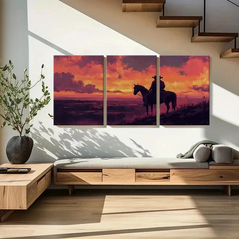 3pcs Western Cowboy Sunset Landscape Art Metal Print Ready to Hang Art - Bella Home Decor