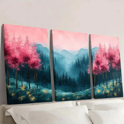 3pcs Pine Forest Artwork Pink Green DF  Wall Art Set Canvas Unframed - High Quality Print 100% Australian Made Wall Canvas - Bella Home Decor
