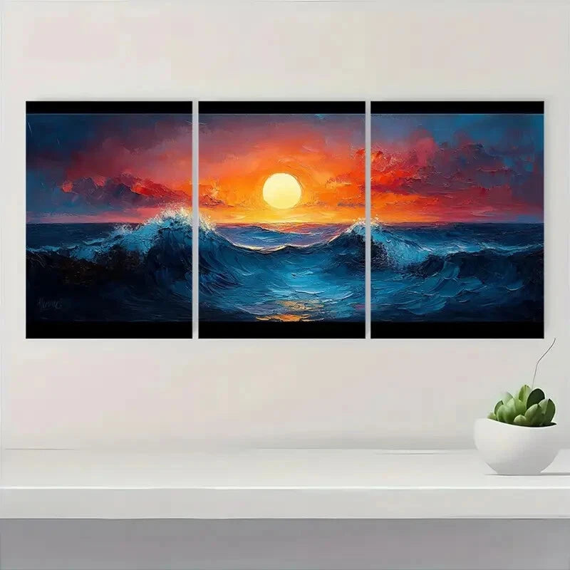 3pcs Sunset Ocean Wave with Black Frames Metal Print Ready to Hang Art - Bella Home Decor