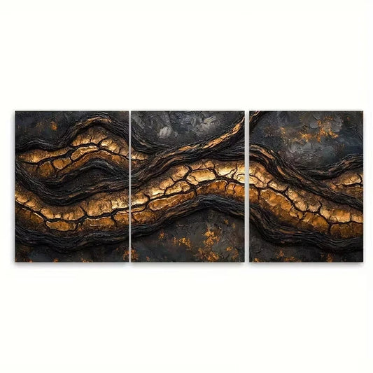 3pcs Black Brown Tree Bark, Deep Amber Golden Wall Art Set Canvas Framed 60x90cm - High Quality Print 100% Australian Made Wall Canvas Ready to Hang
