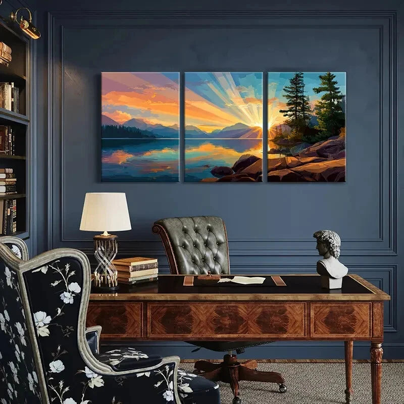 3pcs Sunset Lake Reflection Mountain Landscape Metal Print Ready to Hang Art - Bella Home Decor