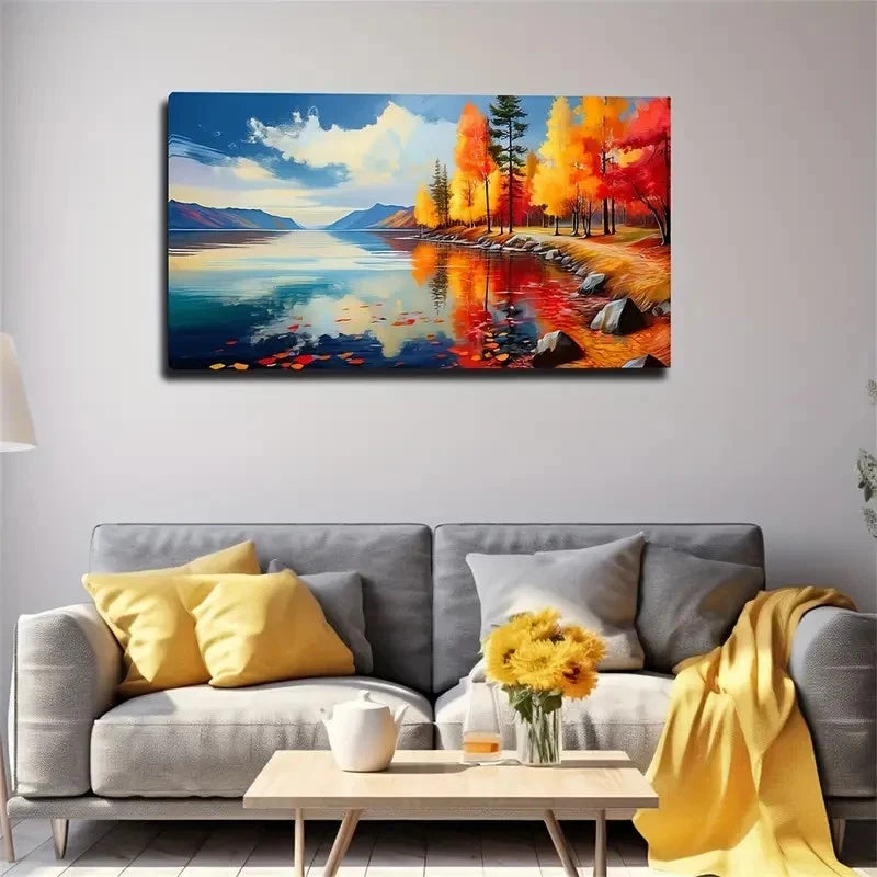 Autumn Lakeside Landscape Wall Art Canvas Office Home Room Framed 120x60cm