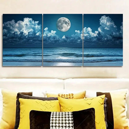 3pcs Beach Waves Themed Full Moon Metal Print Ready to Hang Art - Bella Home Decor