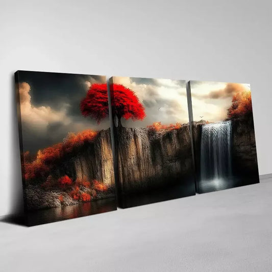 3pcs Red Tree On The Cliff with Waterfall Wall Art Set Canvas Framed 50x70cm - High Quality Print 100% Australian Made Wall Canvas Ready to Hang